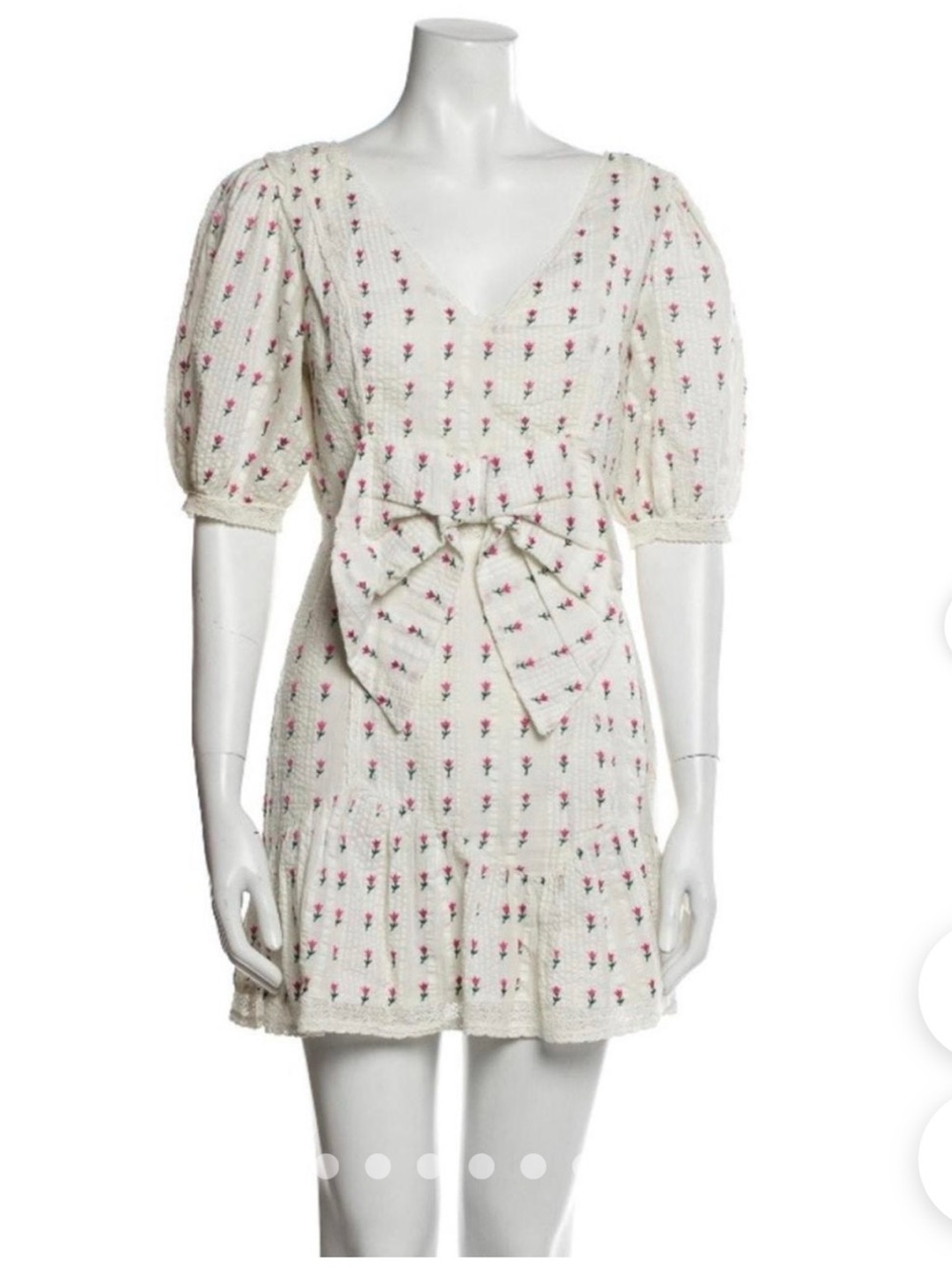 LoveShackFancy Cream Mini Dress with Pink Floral Print and Waist Bow